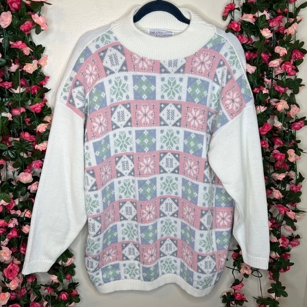 Sweater Exchange Cream Multicolor Crewneck Pullover Sweater Womens Oversized L